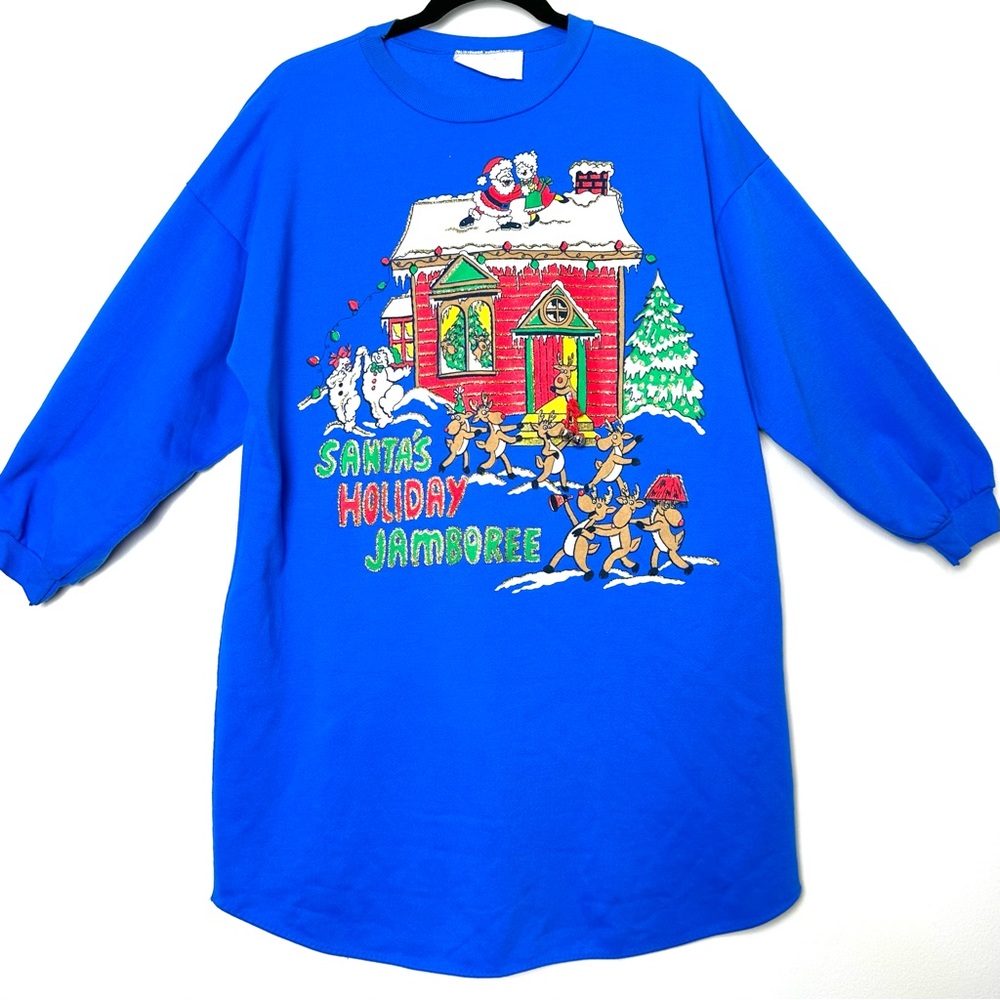 Vintage Kitschy Christmas Santa Reindeer Long Sweatshirt Nightgown Ugly Sweater
